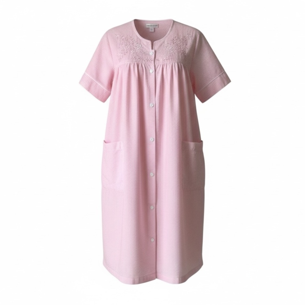 MISS ELAINE Robe House Coat Stripe Embroidered Seersucker Pink White Small